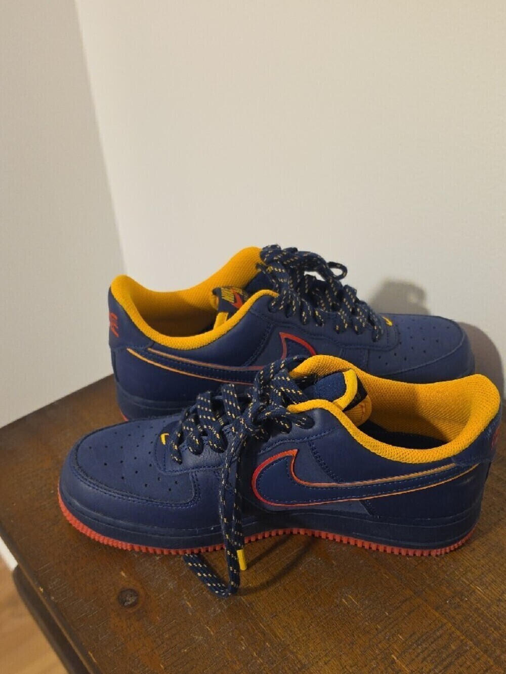 Nike Kids Navy Sneakers with Yellow Lining and Red Soles - Picture 4 of 5